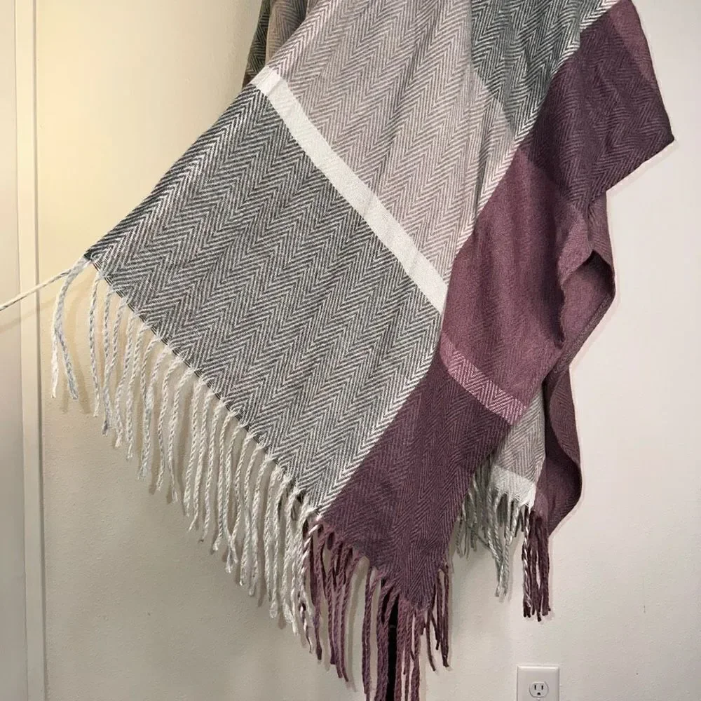 Woolrich Womens OS Purple & Gray Cozy‎ Blanket Duster Sweater Wrap Fringe Trim